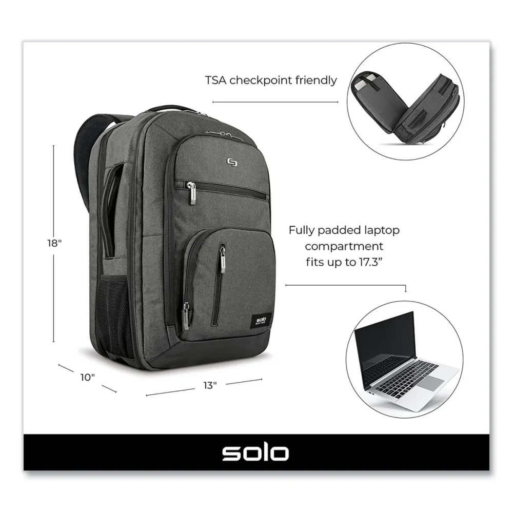 Solo Grand Travel TSA Backpack, 17.3", 11.88 x 7 x 19, Dark Gray - Image 2