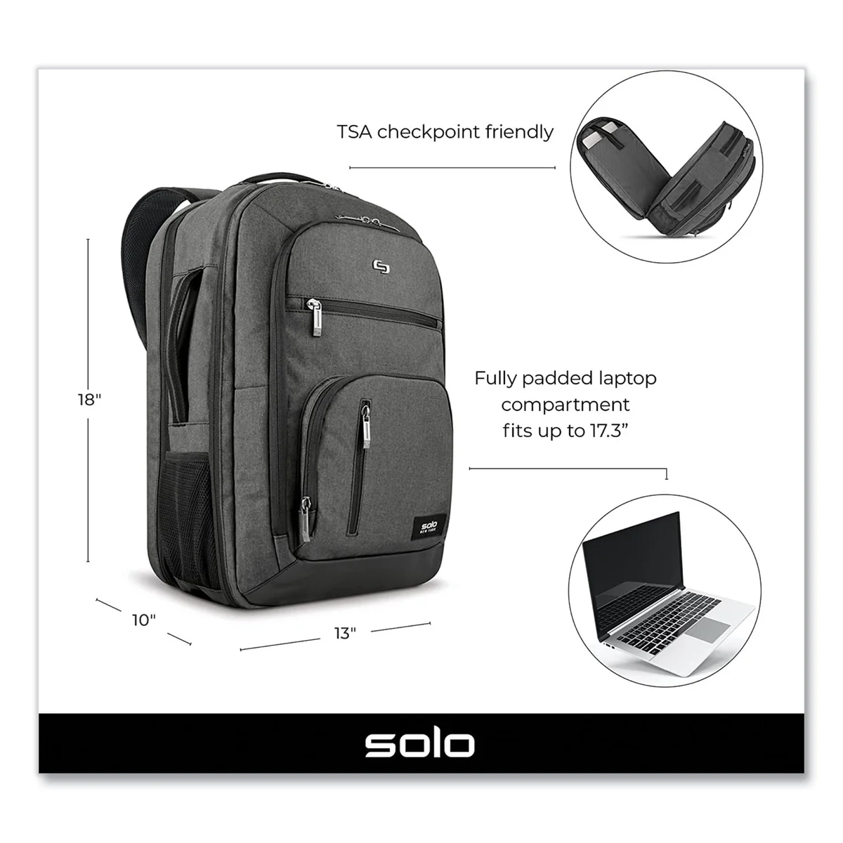 Solo Grand Travel TSA Backpack, 17.3", 11.88 x 7 x 19, Dark Gray - Image 2