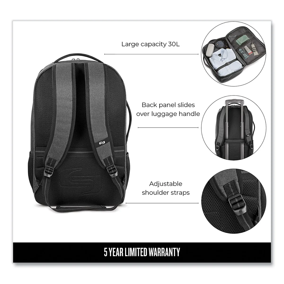 Solo Grand Travel TSA Backpack, 17.3", 11.88 x 7 x 19, Dark Gray - Image 3