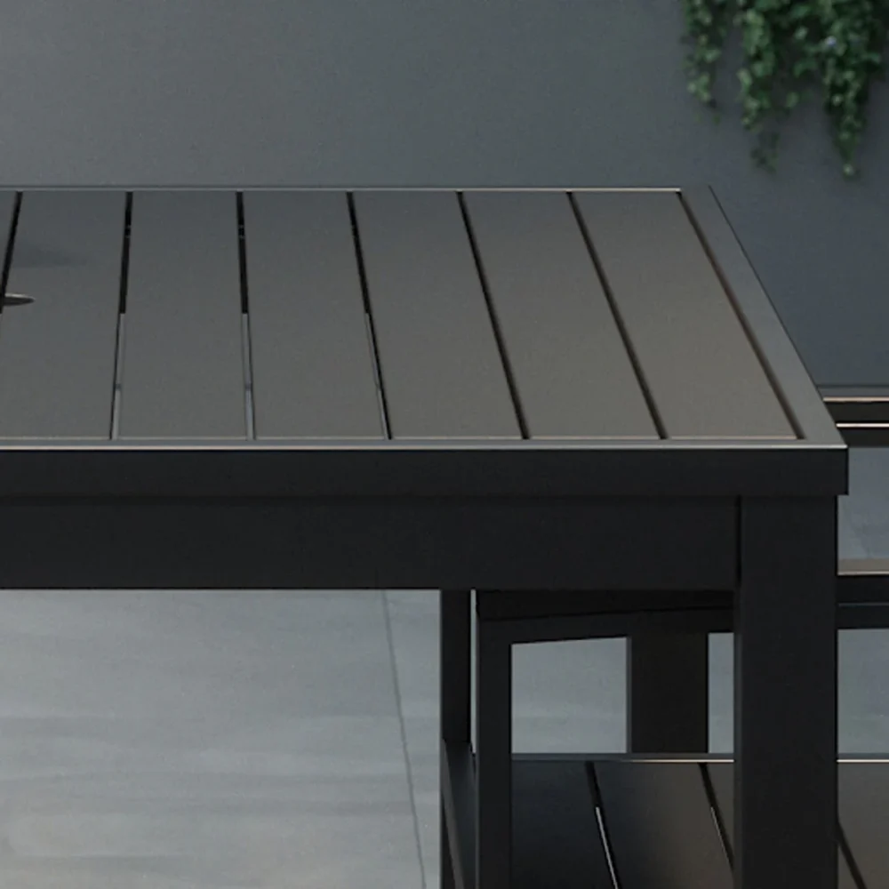 KFI Studios Eveleen Outdoor Bistro Patio Table with Two Black Powder-Coated Polymer Barstools, 30" Square, Black - Image 4
