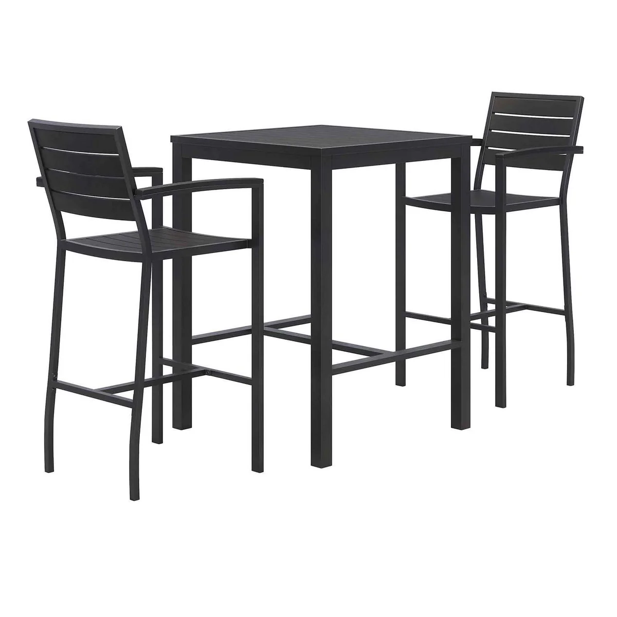 KFI Studios Eveleen Outdoor Bistro Patio Table with Two Black Powder-Coated Polymer Barstools, 30" Square, Black