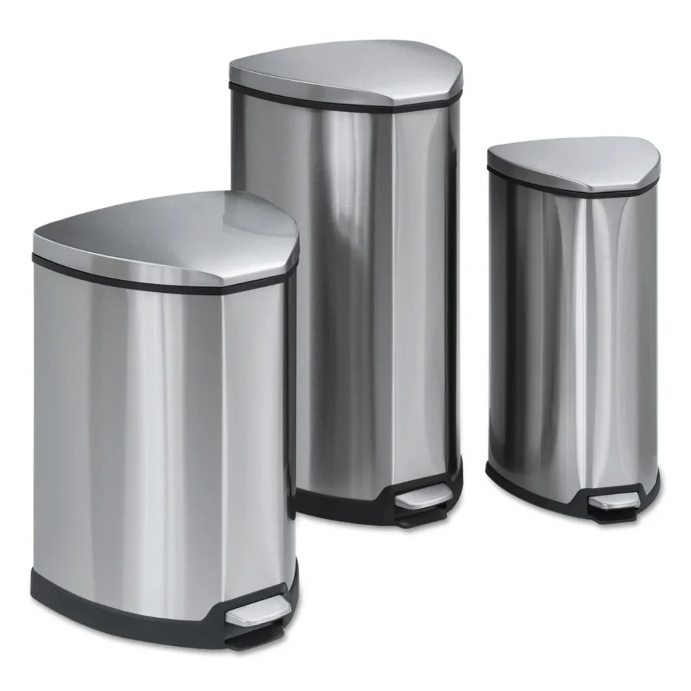 Safco® Step-On Receptacle, 4 gal, Stainless Steel, Chrome/Black