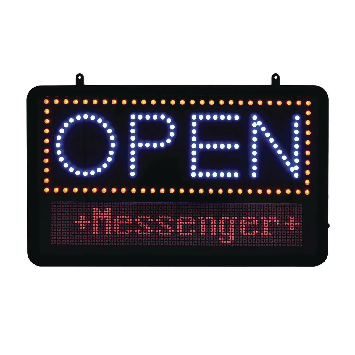 Alpine Industries LED Programmable Message Board Open Sign, 22 x 13, Black Frame, Blue/Red Graphics