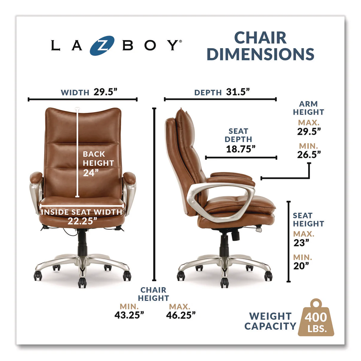 La-Z-Boy® Jenkins Executive Big and Tall Chair, Supports Up to 400 lb, 20" to 23" Seat Height, Brown Seat/Back, Silver/Black Base - Image 3