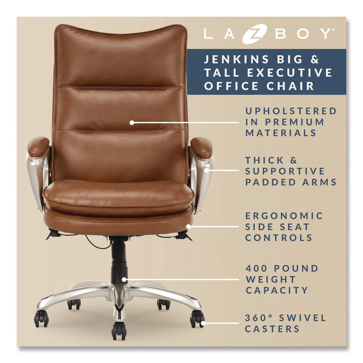 La-Z-Boy® Jenkins Executive Big and Tall Chair, Supports Up to 400 lb, 20" to 23" Seat Height, Brown Seat/Back, Silver/Black Base - Image 4