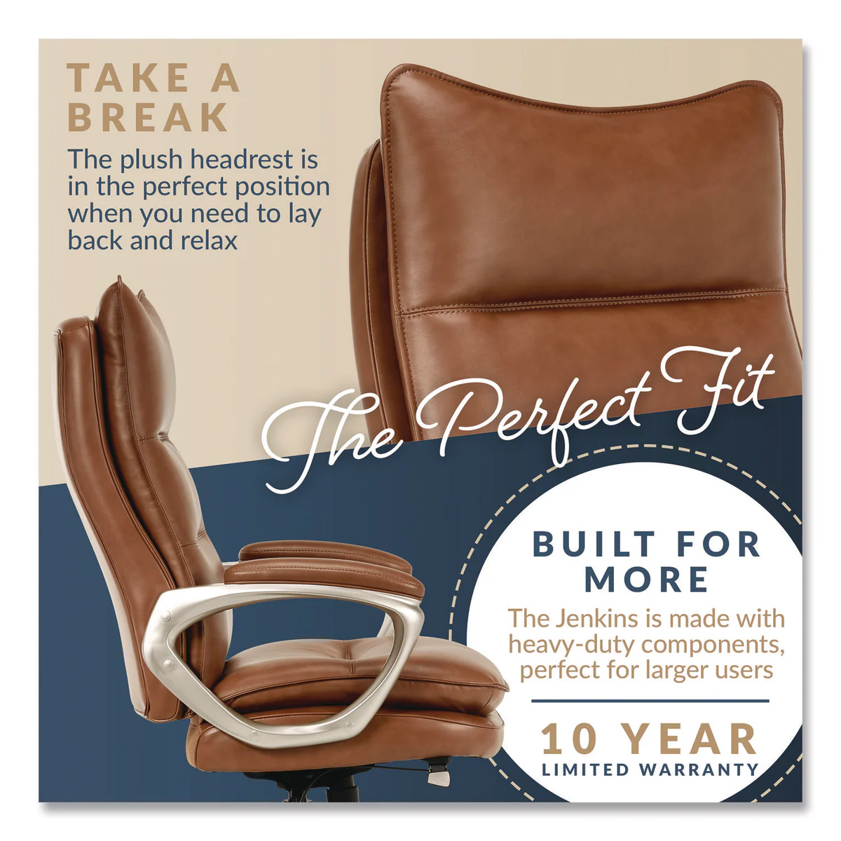 La-Z-Boy® Jenkins Executive Big and Tall Chair, Supports Up to 400 lb, 20" to 23" Seat Height, Brown Seat/Back, Silver/Black Base - Image 5